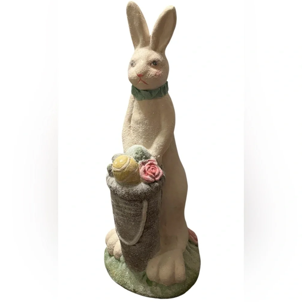 Vintage Rabbit Spring Easter Egg Basket Figurine Pier 1 White Pink Gray Blue